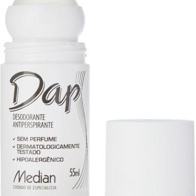 Desodorizante antiperspirante roll-on branco com tampa removida, texto no rótulo