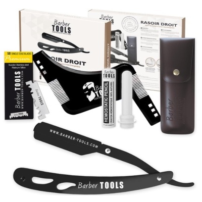 kit de ferramentas de barbear com navalha, lâminas, pentes, pomada e estojo de couro marrom