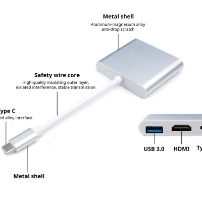 Adaptador USB Type C com conetores USB 3.0, HDMI e Type C num cabo branco com carcaça metálica