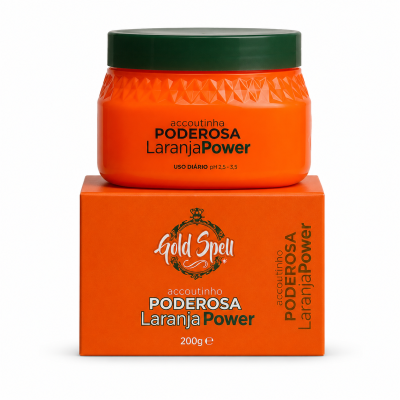 Pote de creme laranja com tampa verde em cima de caixa laranja com texto de marca e informações