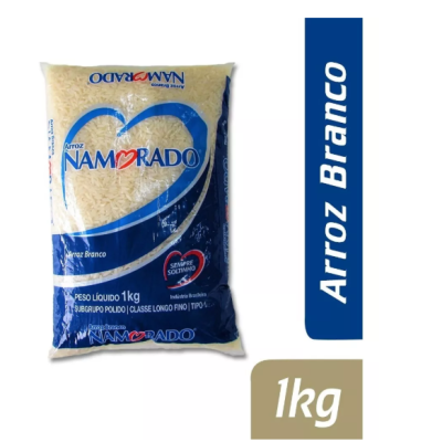 Embalagem de 1 kg de arroz branco Namorado em saco azul e branco