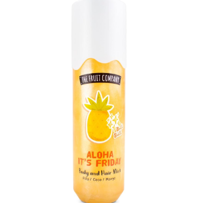 Frasco amarelo com tampa branca e rótulo de ananás de spray para corpo e cabelo