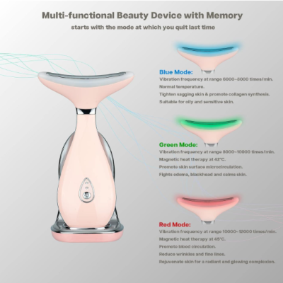 Dispositivo de beleza cor de rosa com luzes coloridas e texto explicativo ao fundo