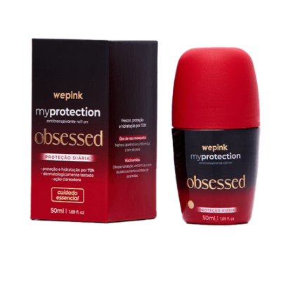 Desodorizante roll-on myprotection obsessed da marca wepink, embalagem preta e vermelha, frasco vermelho e preto.