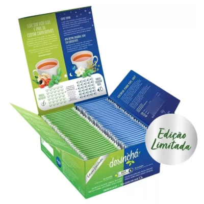 Caixa de chá Desincha com embalagens individuais verdes e azuis e texto em português