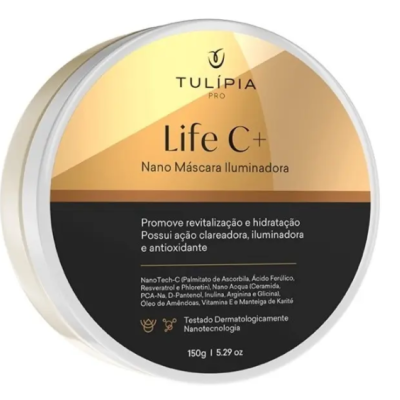 Embalagem redonda de máscara facial Life C+ da Tulípia Pro com tampa dourada e preta