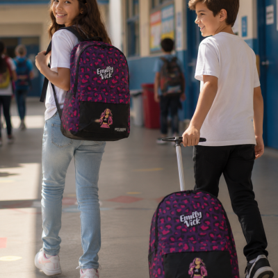 Mochilas roxas com padrão e a marca Emily Vick, usadas por crianças num corredor escolar
