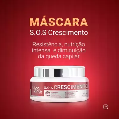 Máscara capilar S.O.S Crescimento da Lizz Ante em recipiente branco com tampa prateada e rótulo vermelho