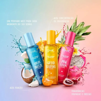 Três frascos de perfume mist coloridos com frutas tropicais ao fundo e texto em português.