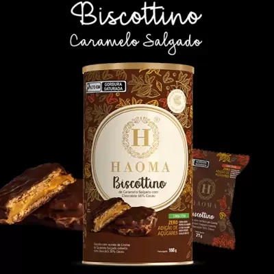 Embalagem cilíndrica de Biscoitino HAOMA com doce coberto de chocolate e pequeno pacote ao lado