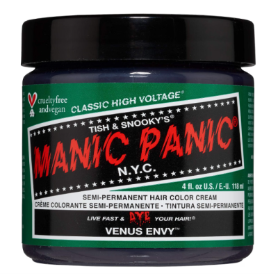 Creme para coloração semi-permanente de cabelo Manic Panic em pote azul e tampa preta.