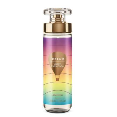 Frasco de perfume DREAM VIAGEM ENCANTADA com rótulo colorido e tampa dourada