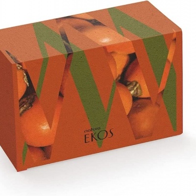 Caixa retangular laranja Natura Ekos decorada com frutas laranja