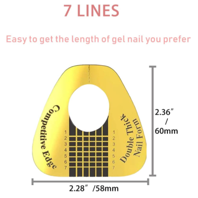 Forma de unha amarela com buraco circular e texto impresso