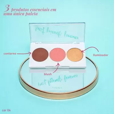 Paleta de maquilhagem com contorno, blush e iluminador sobre espelho redondo