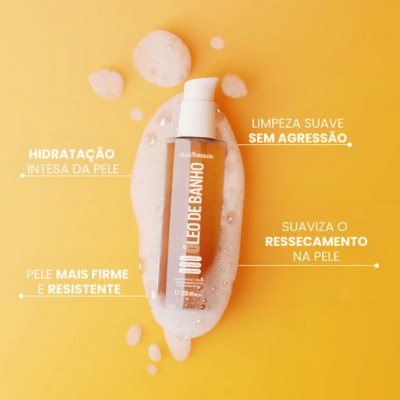 Frasco de óleo de banho translúcido com tampa branca e espuma branca ao redor