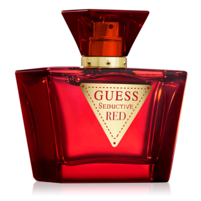 Frasco vermelho de perfume Guess Seductive Red com tampa vermelha e texto dourado