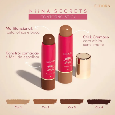sticks de contorno Niina Secrets Eudora em embalagem rosa e dourada com quatro tons visíveis