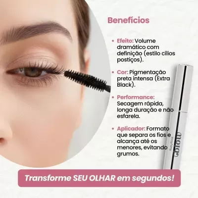 Máscara de pestanas preta com aplicador e embalagem prateada