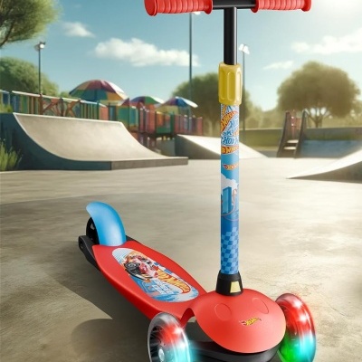Patinete infantil Hot Wheels com luzes LED nas rodas dianteiras em skate park