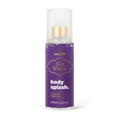 Frasco roxo de body splash Flora Whisper da marca wepink com tampa transparente e texto em dourado e branco