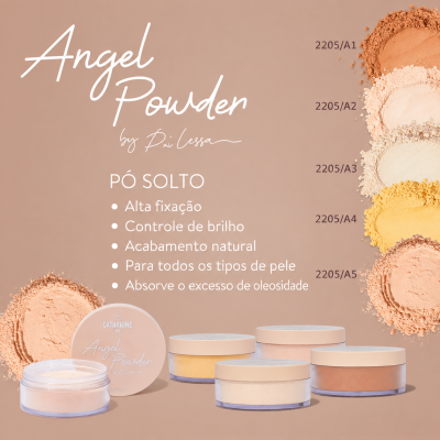 Pó solto Angel Powder várias tonalidades em embalagens redondas com tampa bege