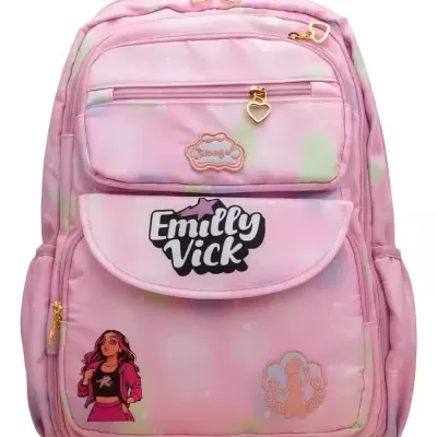 Mochila rosa com detalhes dourados, texto Emilly Vick e ilustrações de mulher