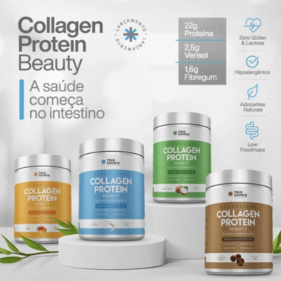 Quatro frascos de suplementos Collagen Protein Beauty com texto em português e ícones informativos