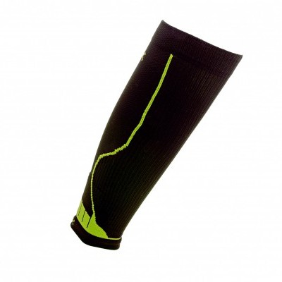 Manga compressiva preta com risca amarela e textura canelada