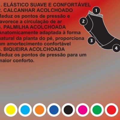 Texto explicativo sobre calçado com gráfico de pé e círculos coloridos no fundo degradê.