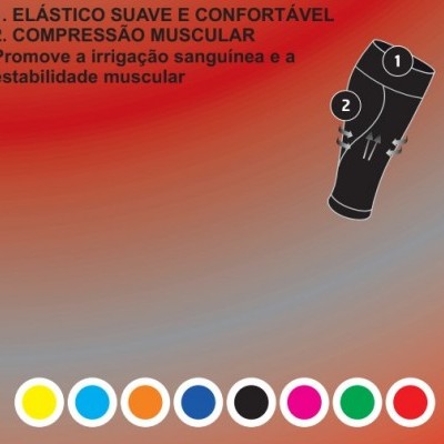 Texto em português sobre manga de compressão muscular e esquema do produto com várias cores disponíveis
