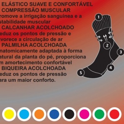 Texto descritivo em português sobre características de uma meia com fundo rosa a laranja