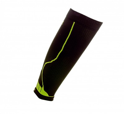 Manga compressiva preta com risca amarela e textura canelada