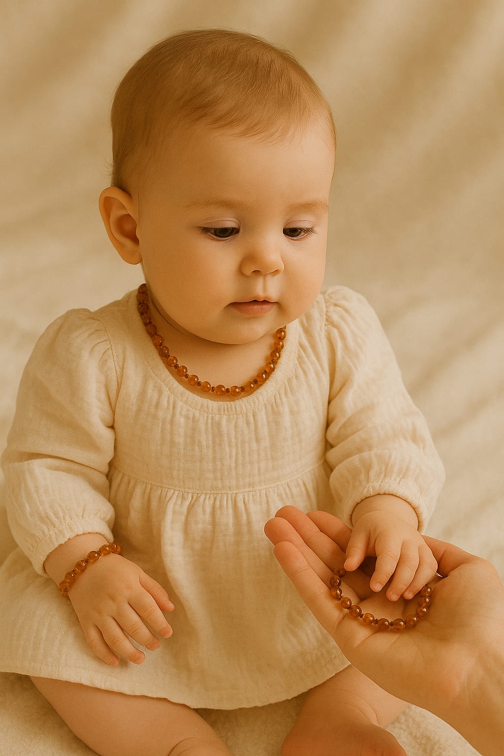 Bebé com vestido creme e colar e pulseira de âmbar