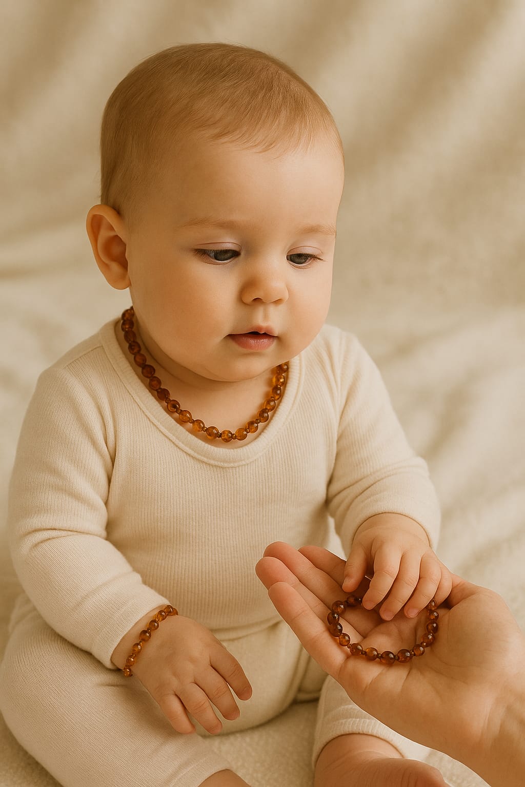 Bebé com roupa creme e joias de contas castanhas em fundo creme