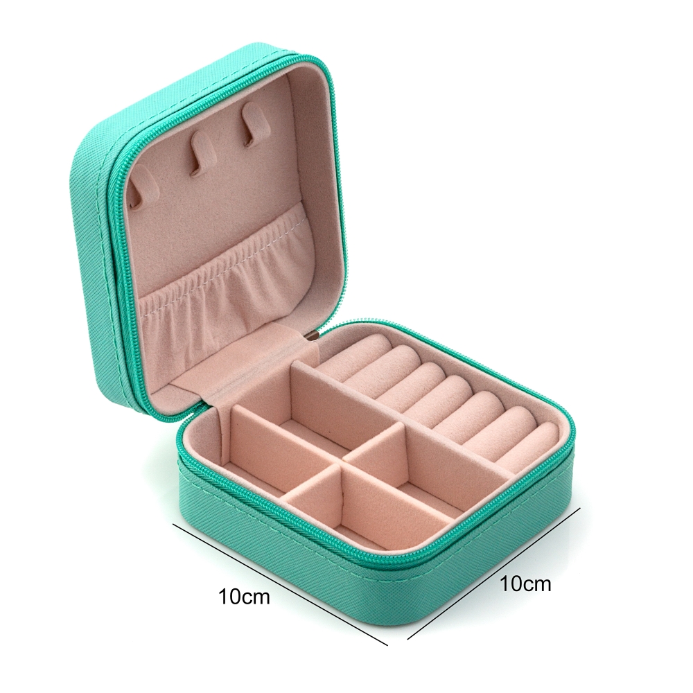 Estojo organizador de joias verde água com interior bege e divisórias