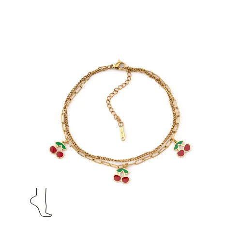 Colar dourado com pendentes de cerejas vermelhas e folhas verdes