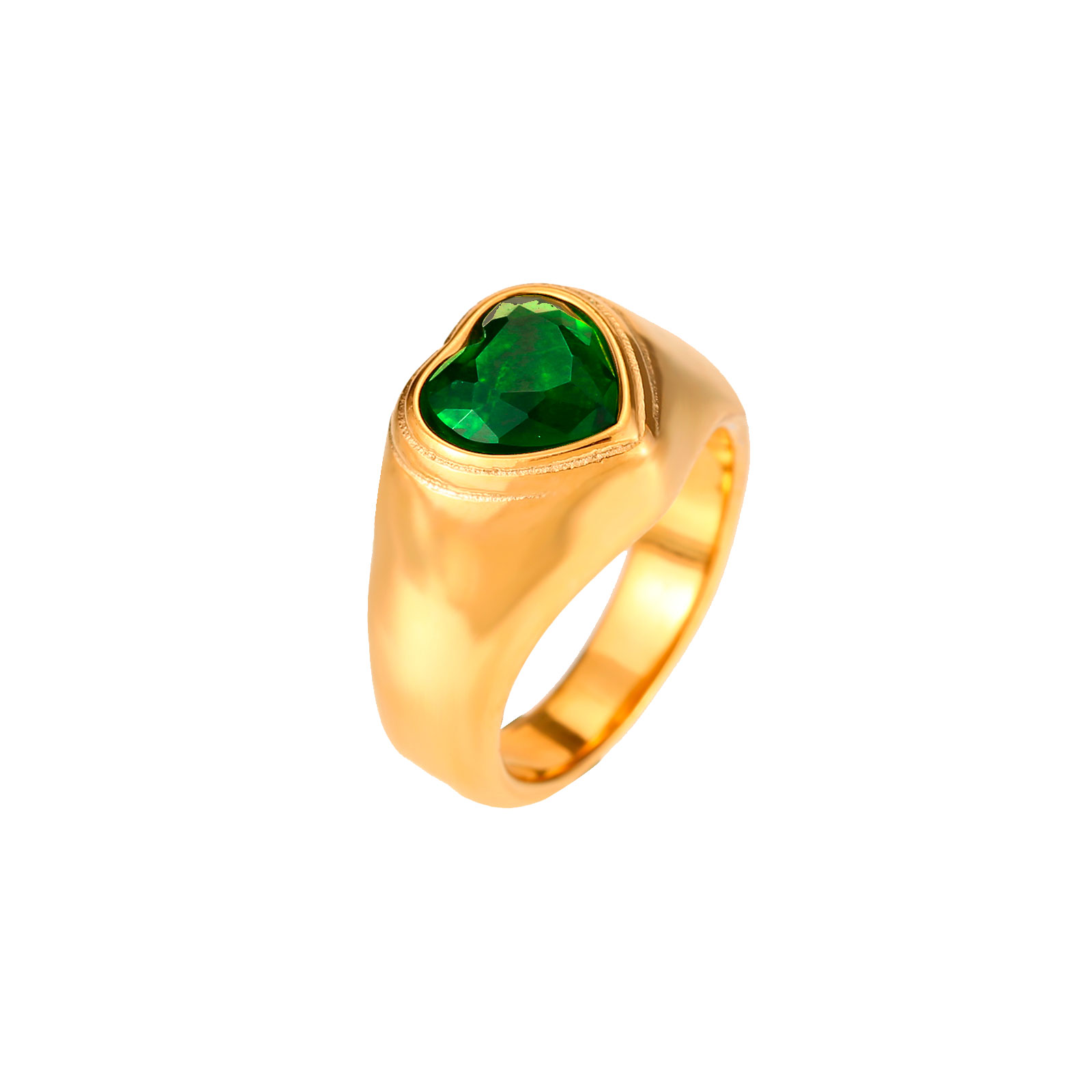 Anel dourado com pedra verde em forma de coração
