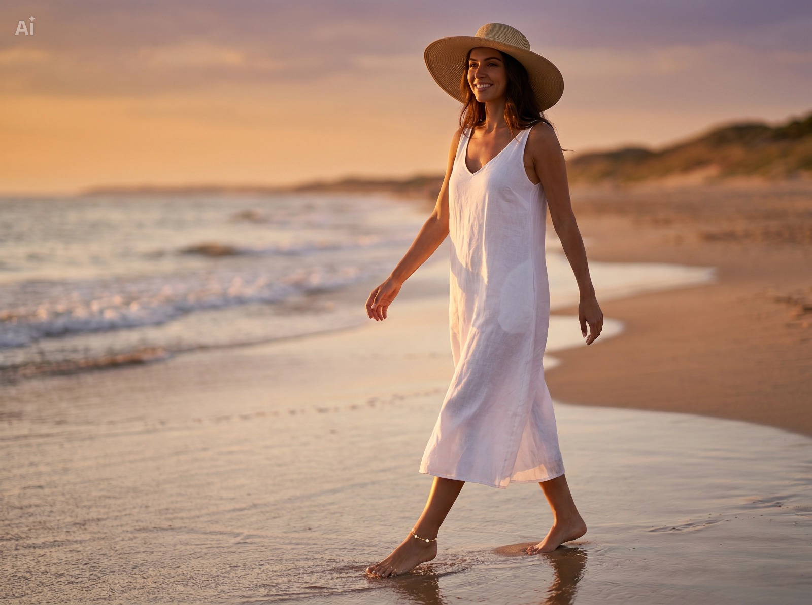 Mulher com vestido branco e chapéu de palha a caminhar na praia ao pôr do sol