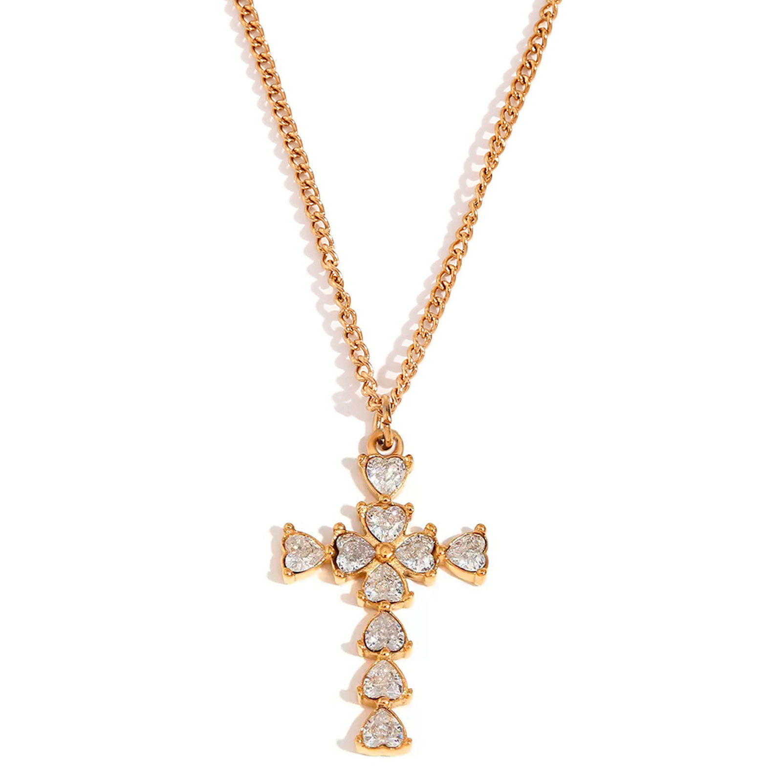 Colar dourado com pendente de cruz feita de pedras em formato de coração