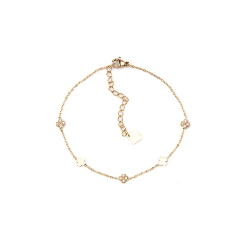 Pulseira dourada fina com pendentes de flores e fecho