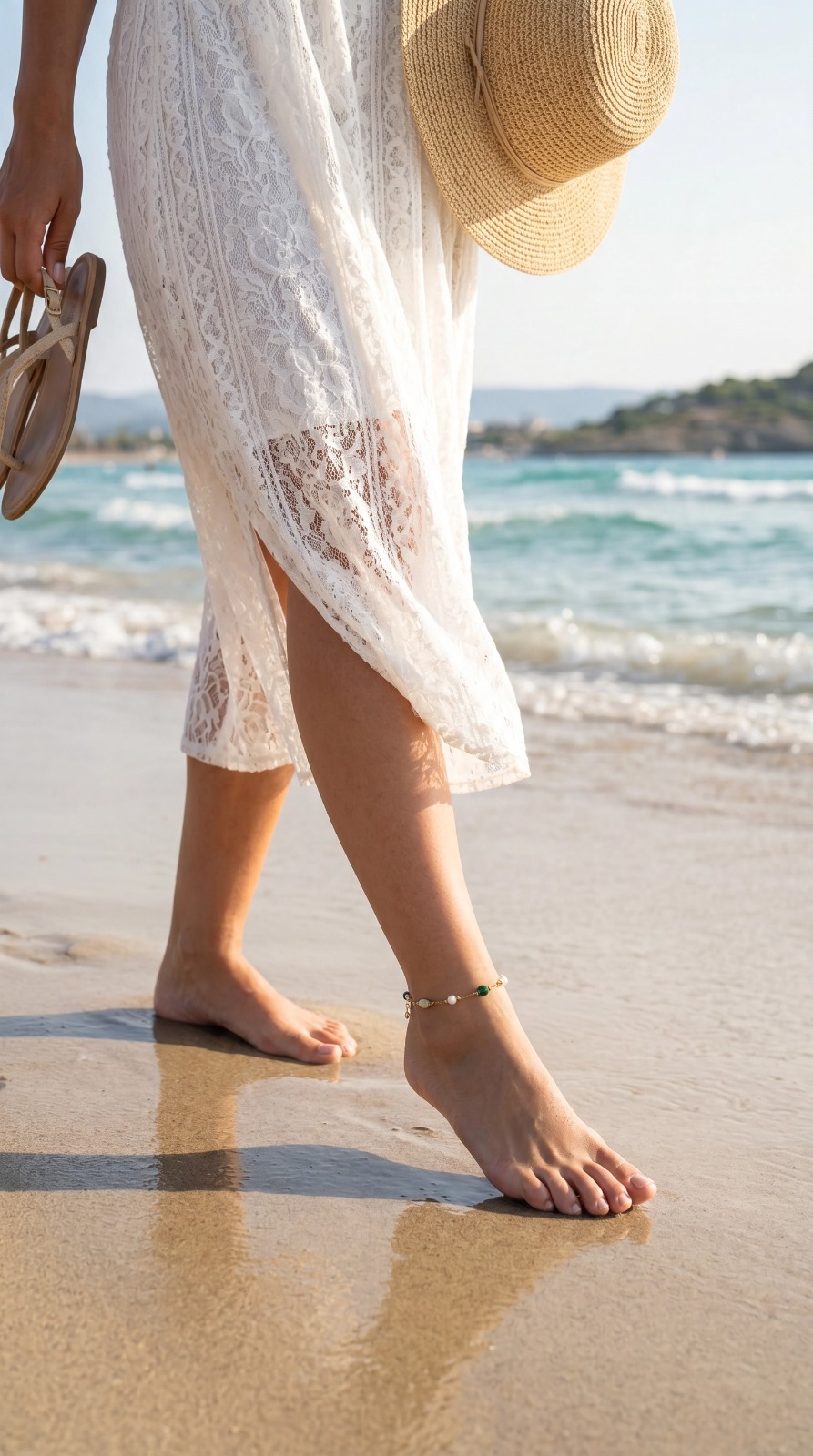 Mulher com vestido rendado branco e chapéu de palha na praia, segurando sandálias e usando pulseira de tornozelo.