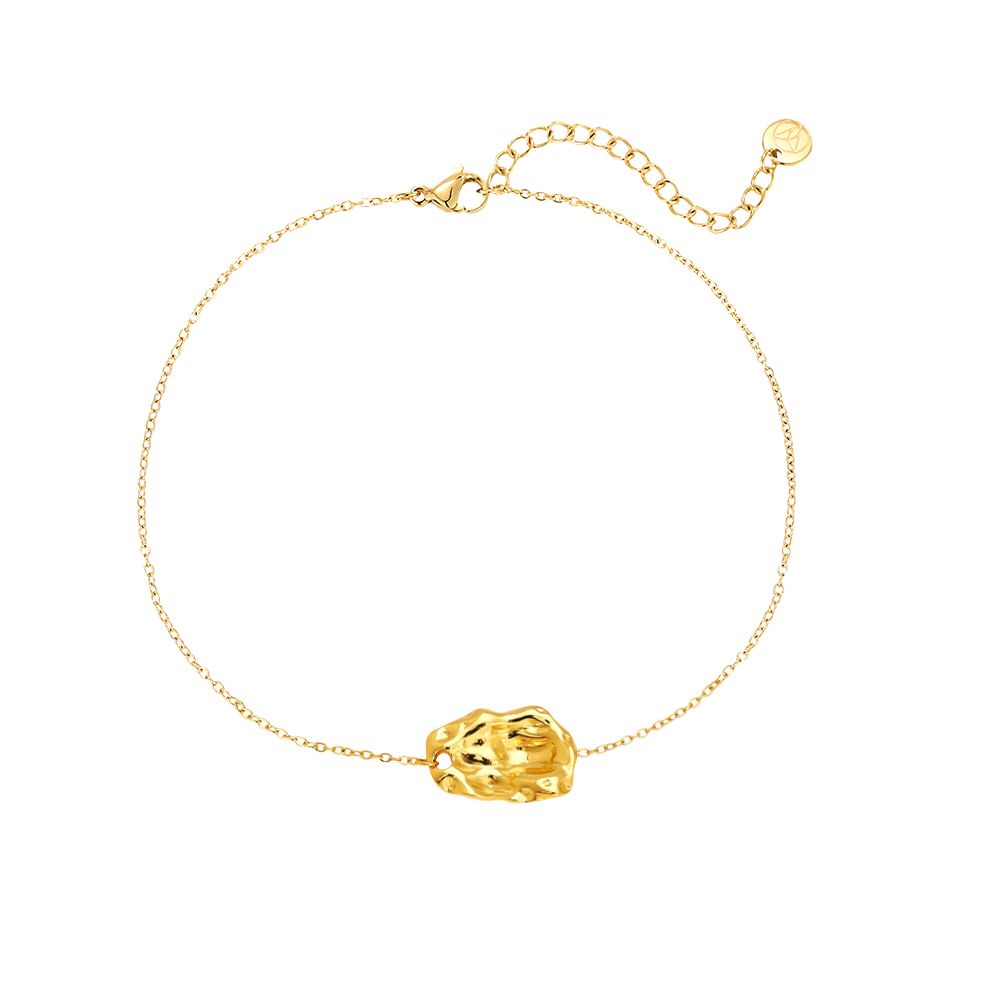 Pulseira dourada fina com pendente texturizado e corrente ajustável