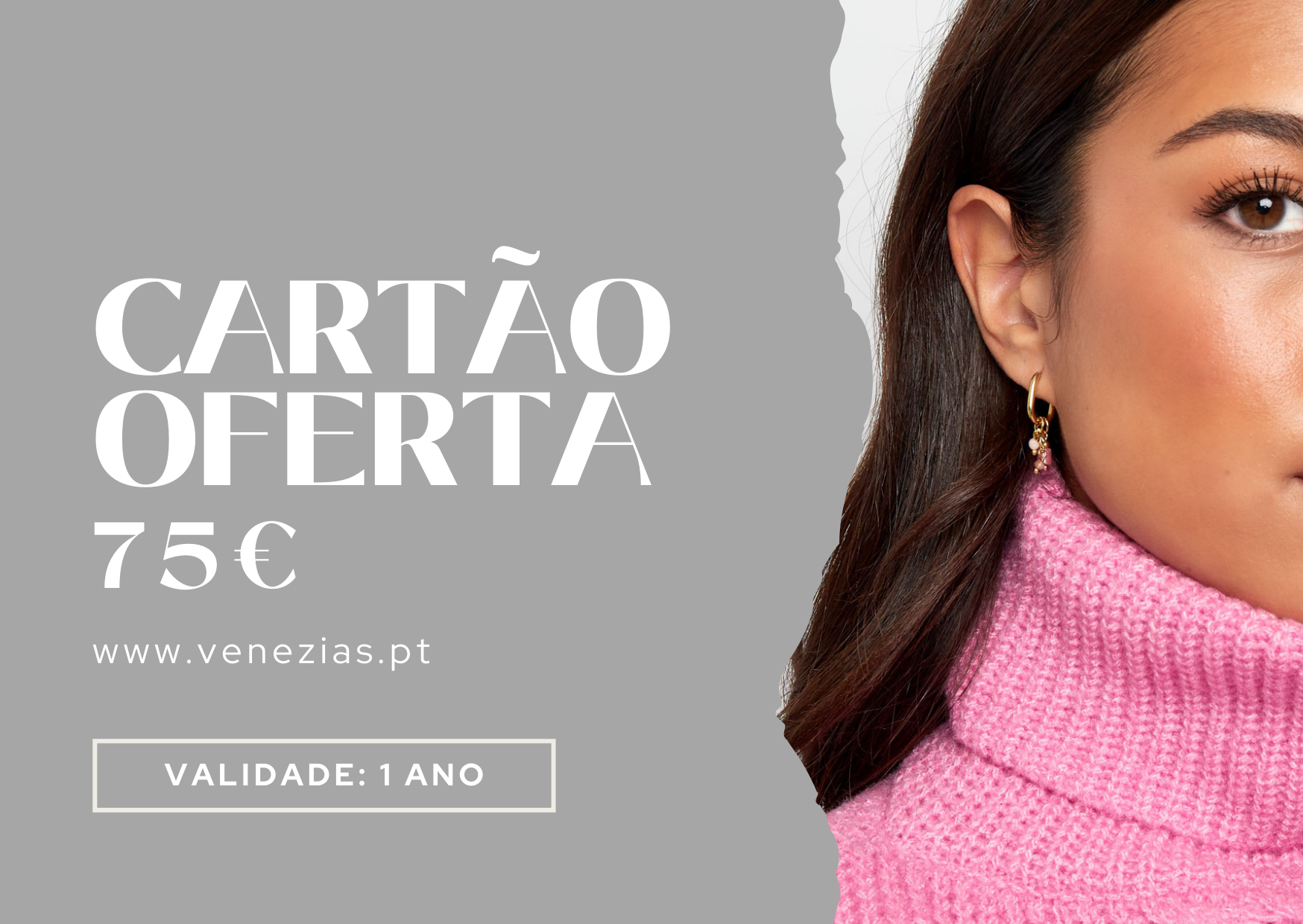Promoção cartão oferta 75 euros com modelo em suéter rosa de gola alta