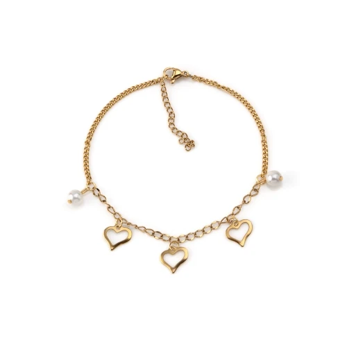 Pulseira dourada com corações e pérolas