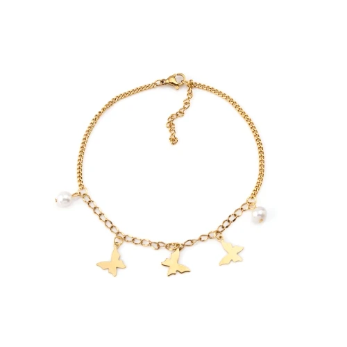 Pulseira dourada com pássaros e pérolas
