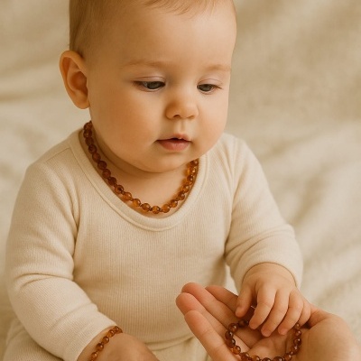 Bebé com roupa creme e joias de contas castanhas em fundo creme