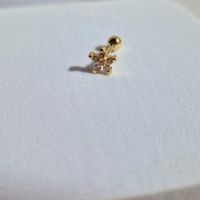 Brinco dourado com flores de pedras rosadas sobre superfície branca