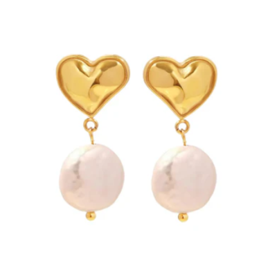 Brincos de coração dourados com pendente redondo branco