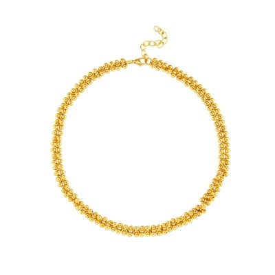Colar dourado de esferas metálicas com fecho e corrente reguladora